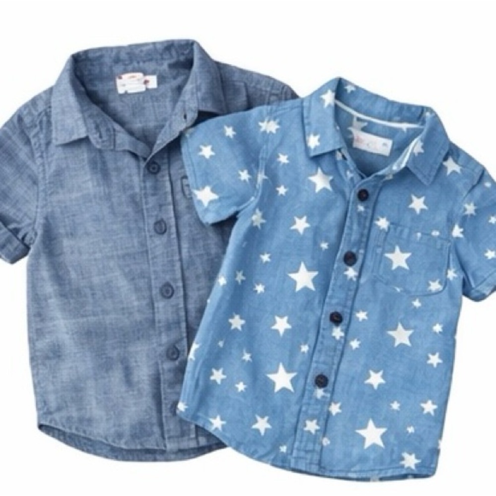 Toddler Boys Chambray Button-Up Shirt Bundle 18M | Star Print + Classic Blue